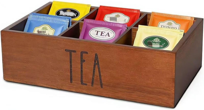 LBEMEY Tea Bag Organizer,Acacia Wood Tea Storage Containers with 6 Compartments, Sugar Packet Holder,Tea Bag Caddy Box for Cabinet Countertop Office (Brown- Labeled TEA) - Image 1